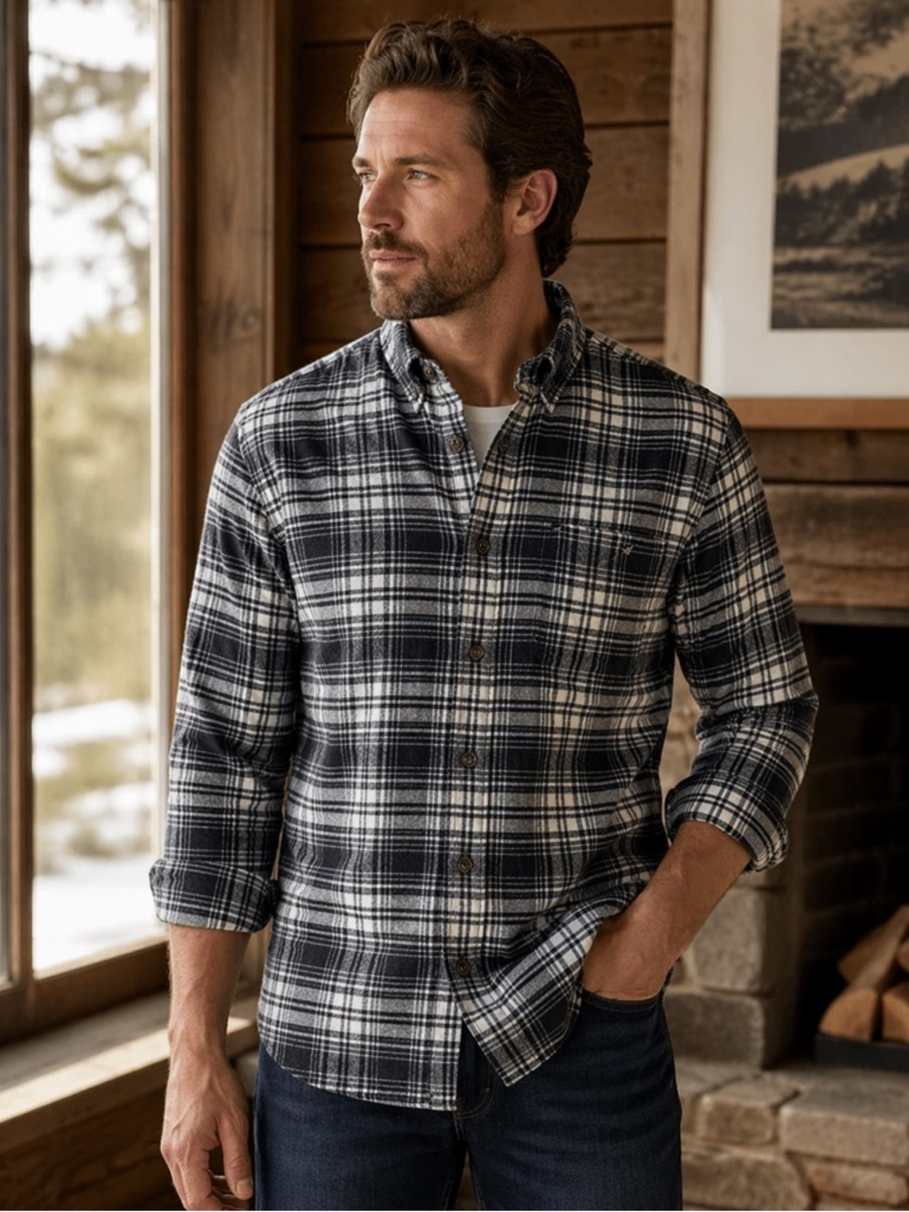 Woolrich Trout Run Cotton Black Hunt Plaid Button Down Shirt Extra Large cotton